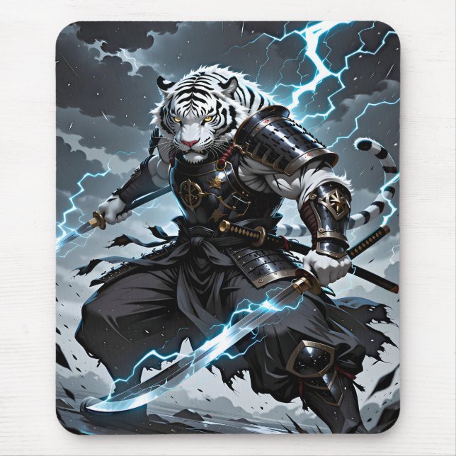 Mousepad Guerreiro Samurai Tigre Branco Relâmpago Azul Gami (Frente)