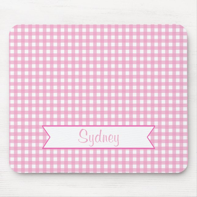 Mousepad Guingão cor-de-rosa e branco com nome feito sob (Frente)
