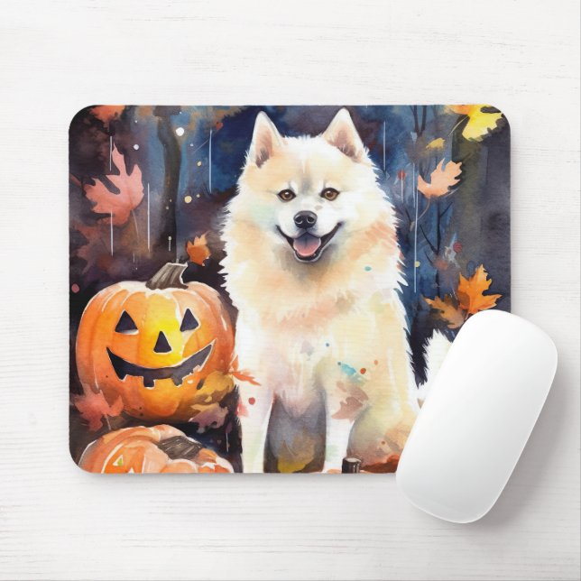Mousepad Halloween American Akita Com Pumpkins Assustado (Com mouse)