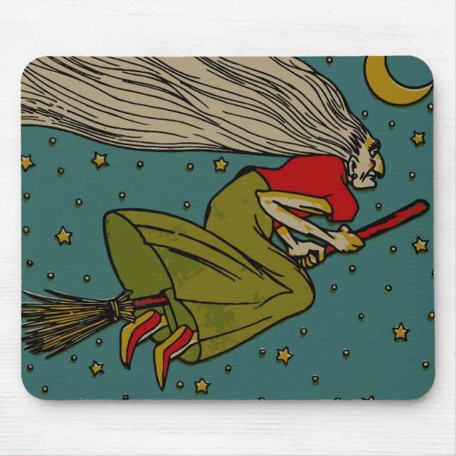 Mousepad Halloween Antigo, Bruxa Má Voadora em Vassoura (Frente)