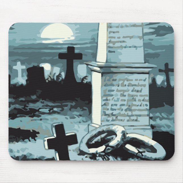 Mousepad Halloween Antigo, Cemitério Assustador com Túmulos (Frente)