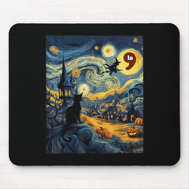 Mousepad Halloween Black Cat Comma La Starry Night Art Kama (Frente)