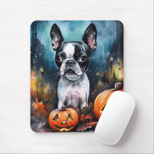 Mousepad Halloween Boston Terrier Com Pumpkins Assustado