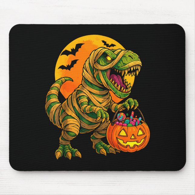 Mousepad Halloween Boys Dinosaur Mummy T Rex Y Pumpkin Moon (Frente)