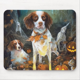 Mousepad Halloween Brittany Spaniel Com Pumpkins Assustado