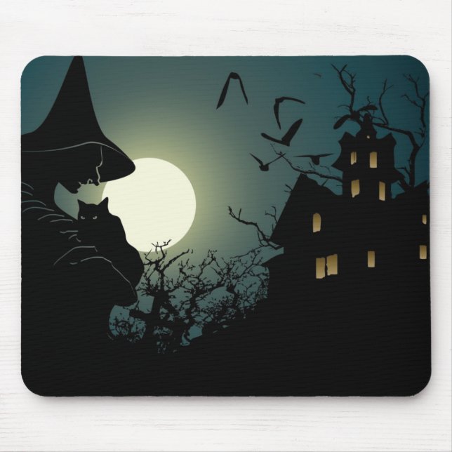 Mousepad Halloween: bruxa e casa de caça (Frente)
