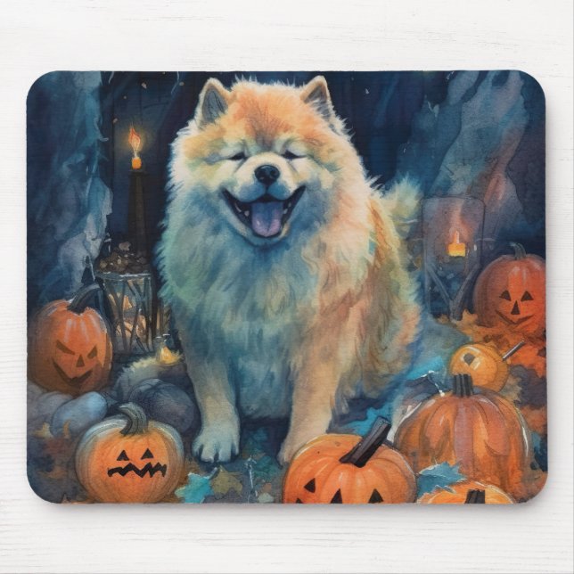 Mousepad Halloween Chow Chow Com Pumpkins Assustado (Frente)