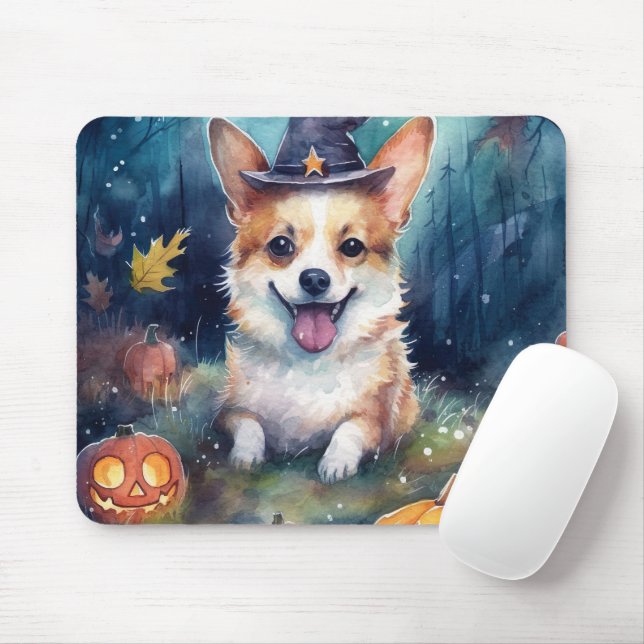 Mousepad Halloween Corgi Com Pumpkins Assustado (Com mouse)