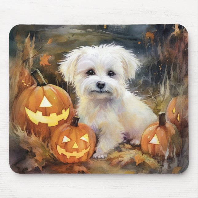 Mousepad Halloween Coton De Tulear Com Pumpkins Assustado (Frente)