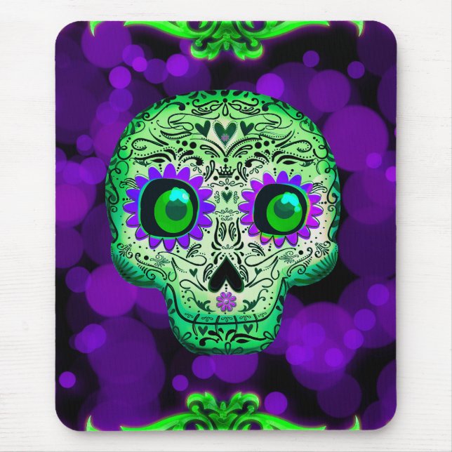 Mousepad Halloween do Crânio de Açúcar Verde e Puro (Frente)
