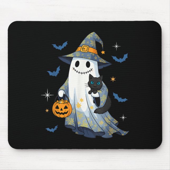 Mousepad Halloween Ghost Witch Holding Black Cat Funny Hall (Frente)
