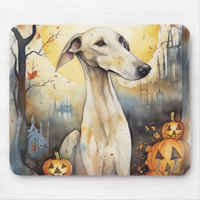 Mousepad Halloween Greyhound Com Pumpkins Assustado (Frente)
