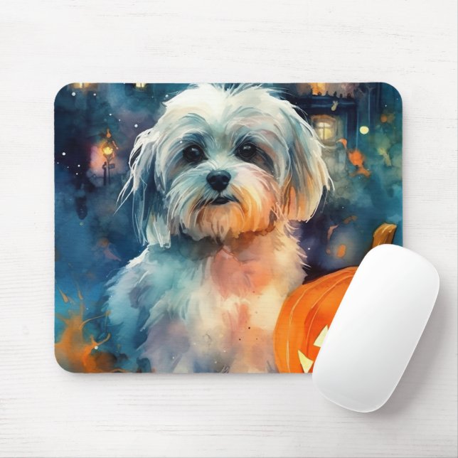 Mousepad Halloween Havanese Com Pumpkins Assustado (Com mouse)