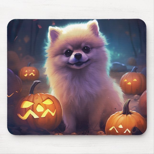 Mousepad Halloween Pomeranian Com Pumpkins Assustado (Frente)