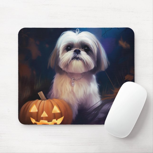 Mousepad Halloween Shih Tzu Com Pumpkins Assustado (Com mouse)