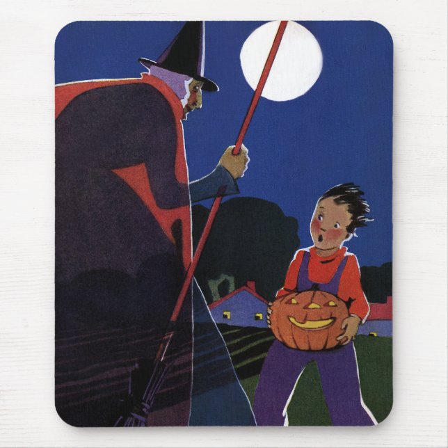 Mousepad Halloween Vintage, Bruxa Assustadora com Menino (Frente)