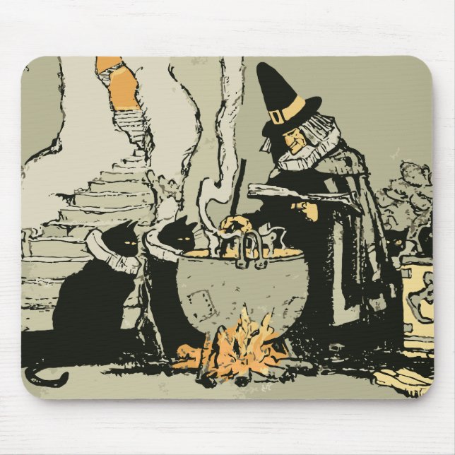 Mousepad Halloween Vintage, Bruxa com Caldeirão e Gatos (Frente)
