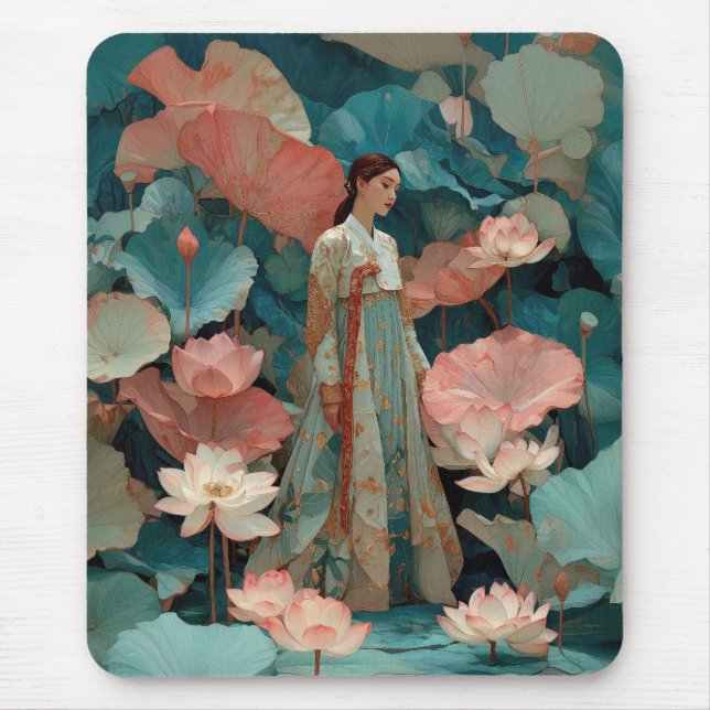 Mousepad Hanbok Impasto Vintage e Lótus Rosa (Frente)