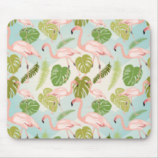 Mousepad Hand drawn pink flamingo and monstera leaves. Seam