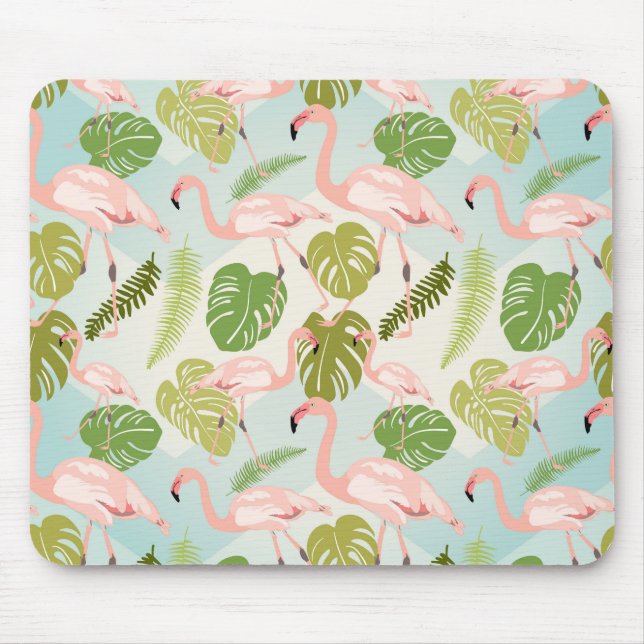 Mousepad Hand drawn pink flamingo and monstera leaves. Seam (Frente)