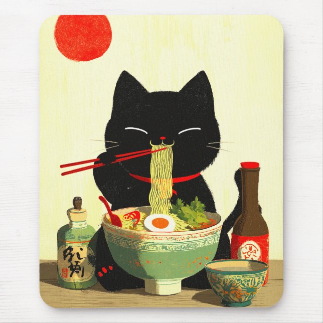 Mousepad Happy Black Cat Eating Ramen | Japanese Ukiyo-e (Frente)