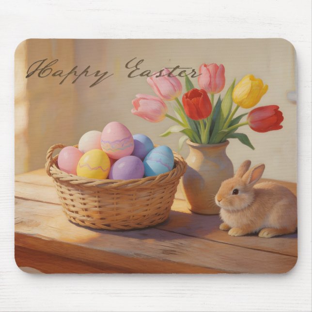 Mousepad Happy Easter with Colorful Eggs and Tulips (Frente)
