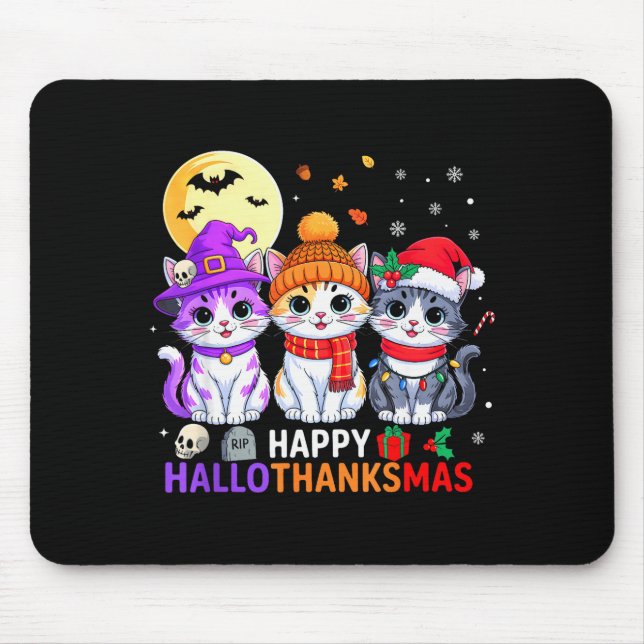 Mousepad Happy Hallothanksmas Cats Halloween Thanksgiving C (Frente)