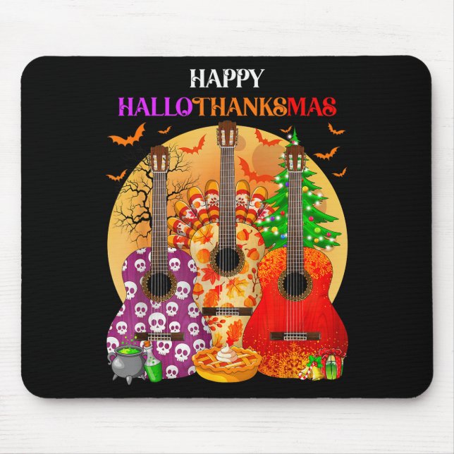 Mousepad Happy Hallothanksmas Guitar Halloween Thanksgiving (Frente)