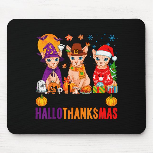 Mousepad Happy Hallothanksmas Sphynx Cats Halloween Thanksg (Frente)