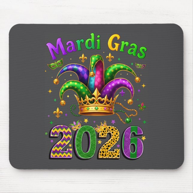 Mousepad Happy Mardi Gras 2026 Jester Hat Men Women Kid Car (Frente)