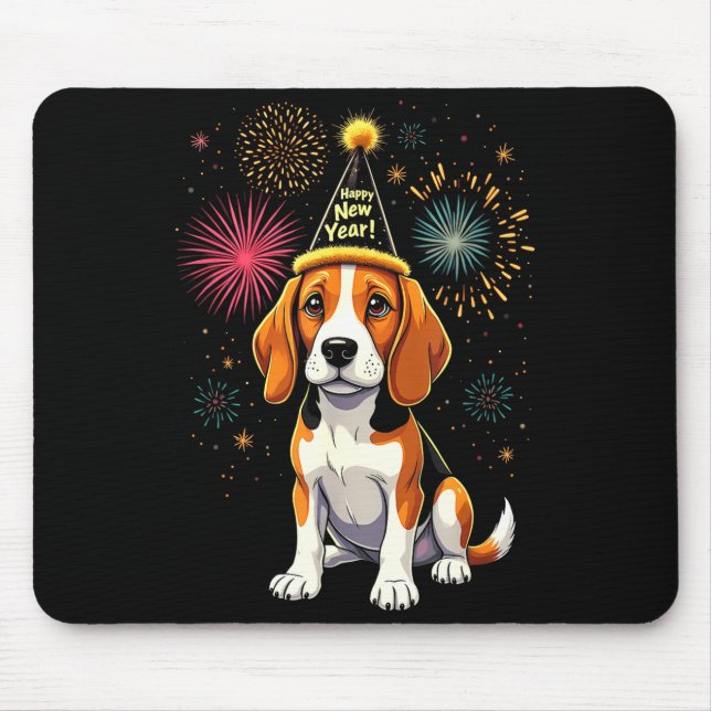 Mousepad Happy New Year 2025 Eve Firework Dog Funny Beagle  (Frente)
