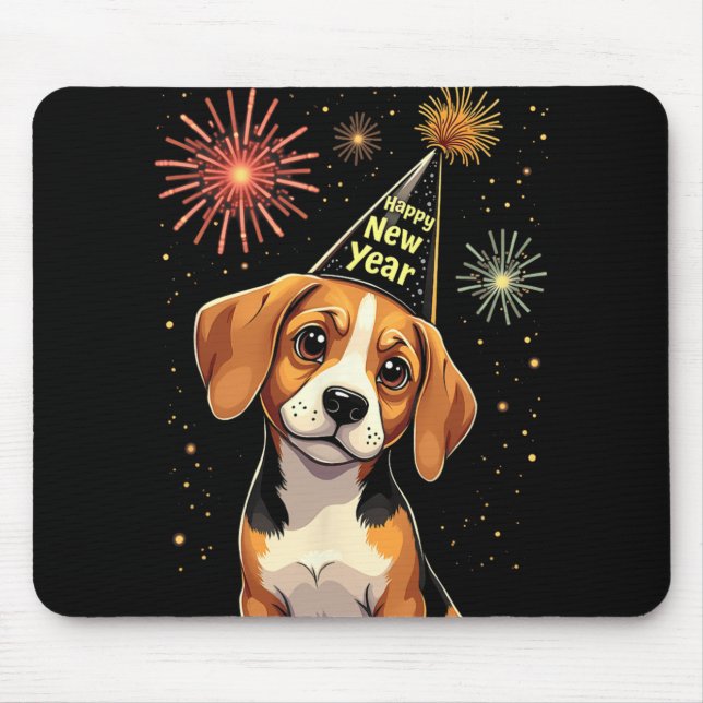 Mousepad Happy New Year 2025 Eve Firework Dog Funny Beagle  (Frente)