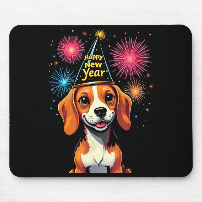 Mousepad Happy New Year 2025 Eve Firework Dog Funny Beagle  (Frente)
