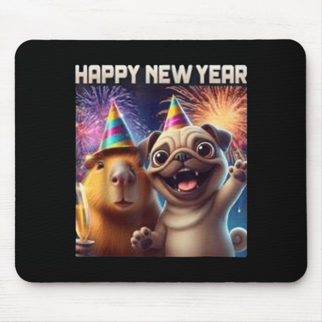 Mousepad Happy New Year 2026 Capybara Pug Party Art  (Frente)