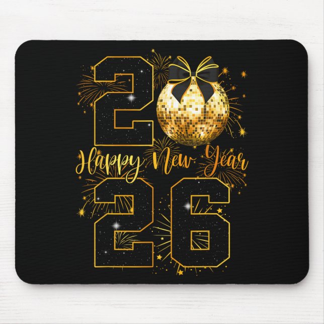 Mousepad Happy New Year 2026 Coquette Bow Disco Ball New Ye (Frente)