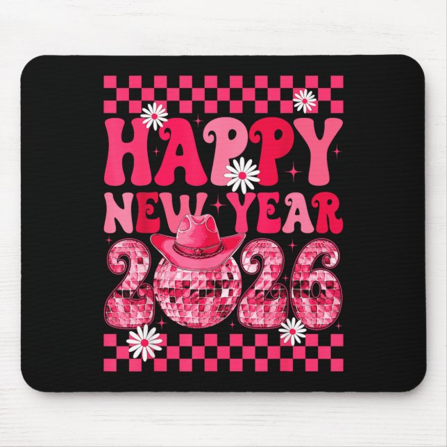 Mousepad Happy New Year 2026 Cowgirl Cowboy Disco Ball Girl (Frente)