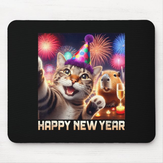 Mousepad Happy New Year 2026 Cute Cat Capybara Party Art  (Frente)