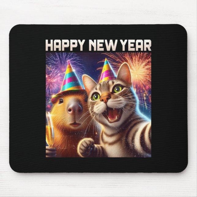 Mousepad Happy New Year 2026 Cute Cat Capybara Party Art  (Frente)