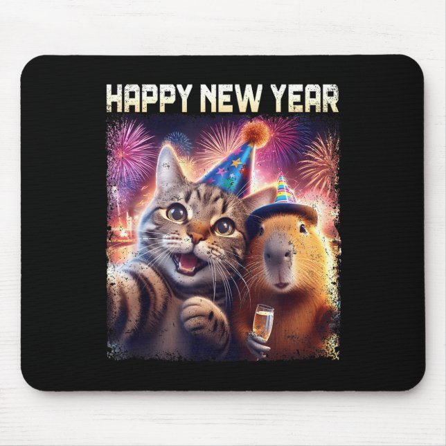 Mousepad Happy New Year 2026 Cute Cat Capybara Party Art  (Frente)