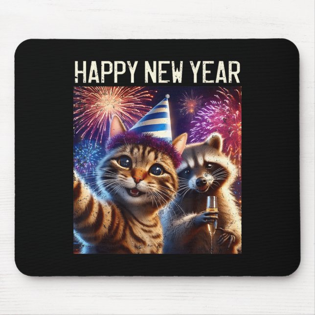 Mousepad Happy New Year 2026 Cute Cat Raccoon Celebration  (Frente)