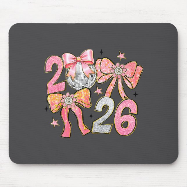Mousepad Happy New Year 2026 Disco Ball Coquette Bow New Ye (Frente)