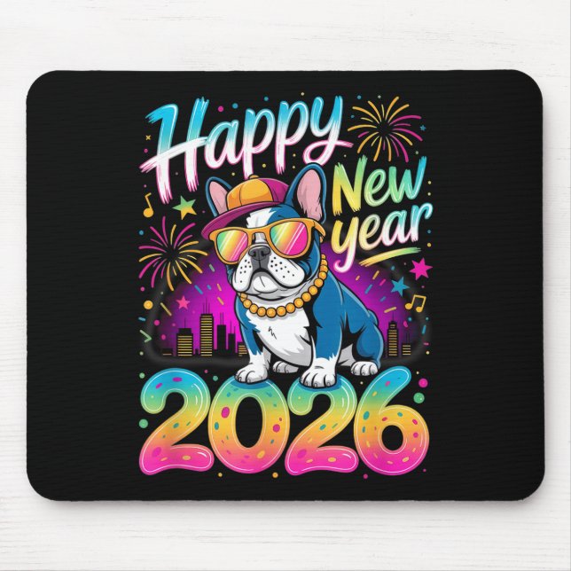 Mousepad Happy New Year 2026 French Bulldog Fireworks Party (Frente)