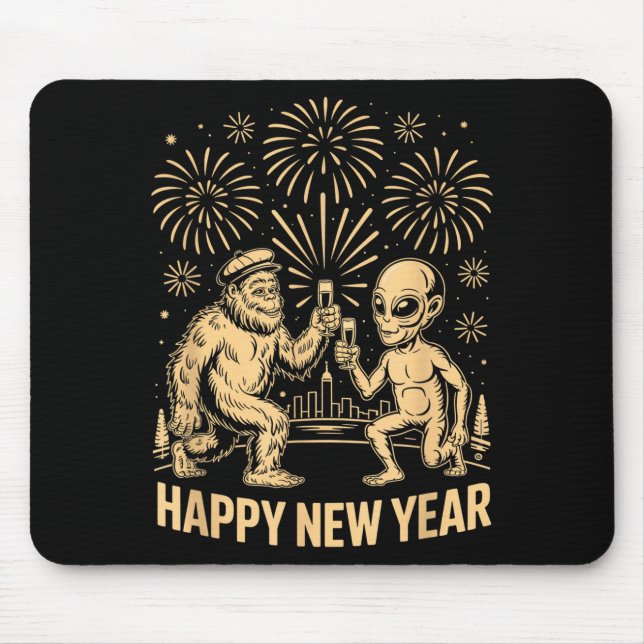 Mousepad Happy New Year 2026 Funny Bigfoot And Alien Lovers (Frente)