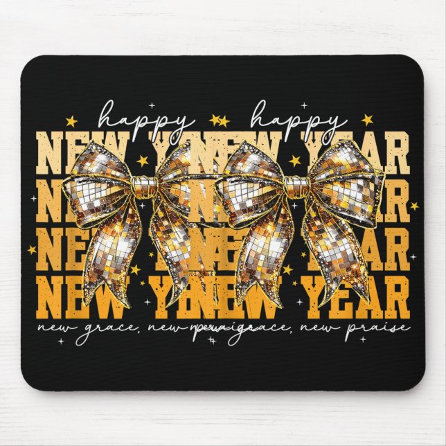 Mousepad Happy New Year 2026 Gold Coquette Bow Disco Ball C (Frente)