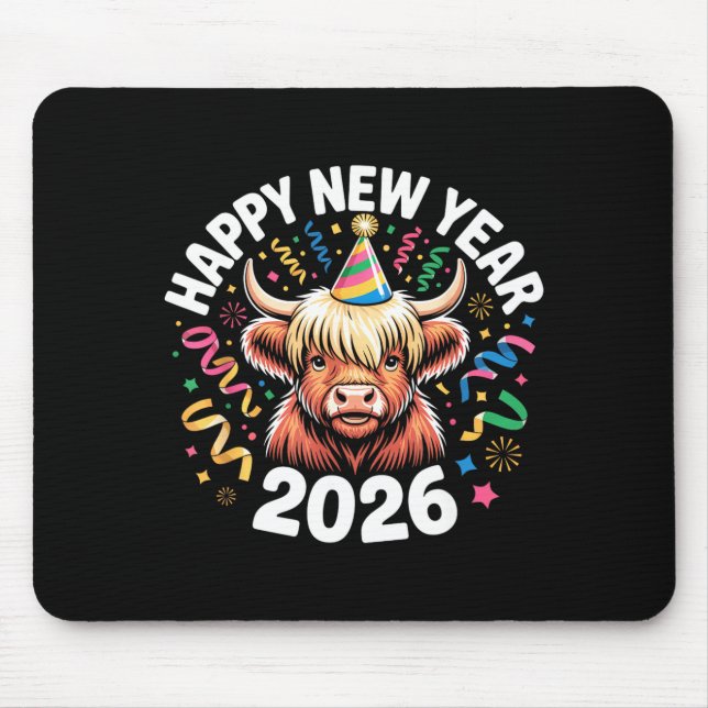 Mousepad Happy New Year 2026 Highland Cow &amp; Party Hat N (Frente)