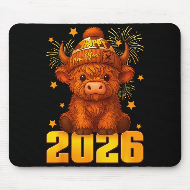 Mousepad Happy New Year 2026 Highland Cow &amp; Party Hat N (Frente)