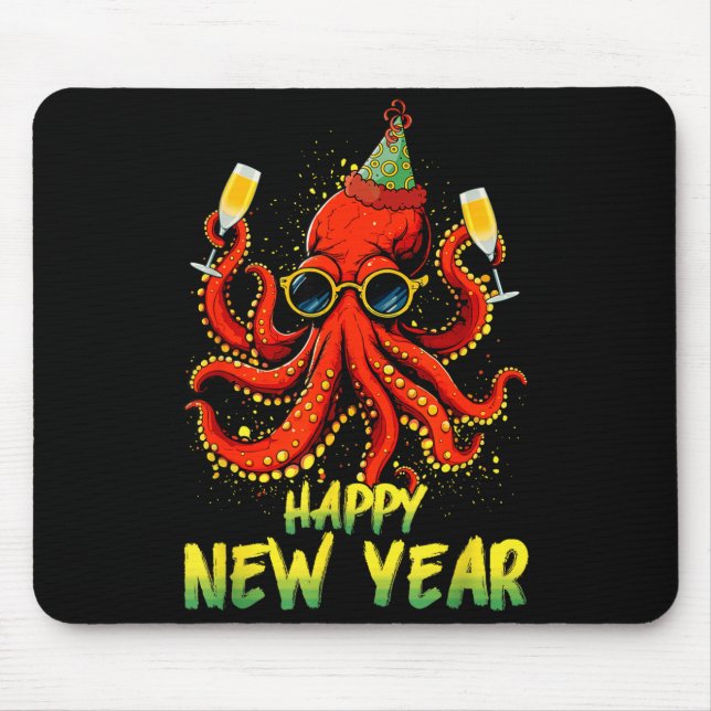 Mousepad Happy New Year 2026 Octopus Drinking Champagne New (Frente)