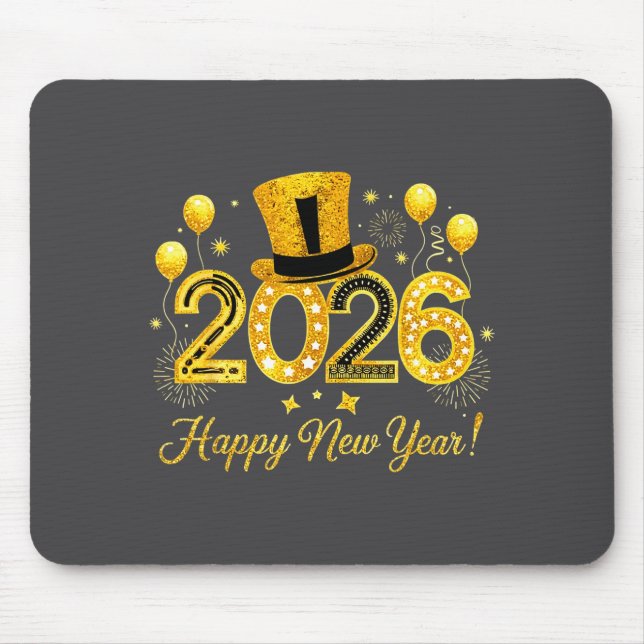 Mousepad Happy New Year 2026 Top Hat Balloons Party New Yea (Frente)