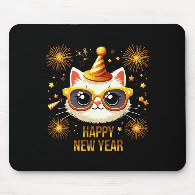 Mousepad Happy New Year Cat Fireworks New Years Eve Party  (Frente)