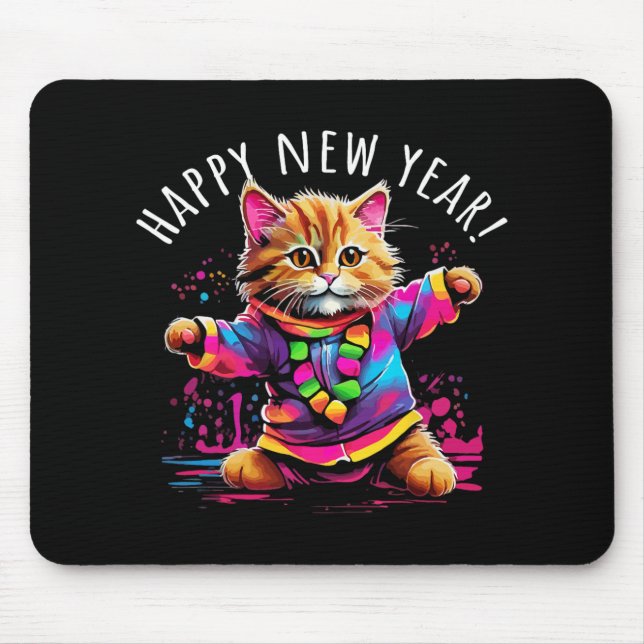 Mousepad Happy New Year Party Dancing Cat Design  (Frente)